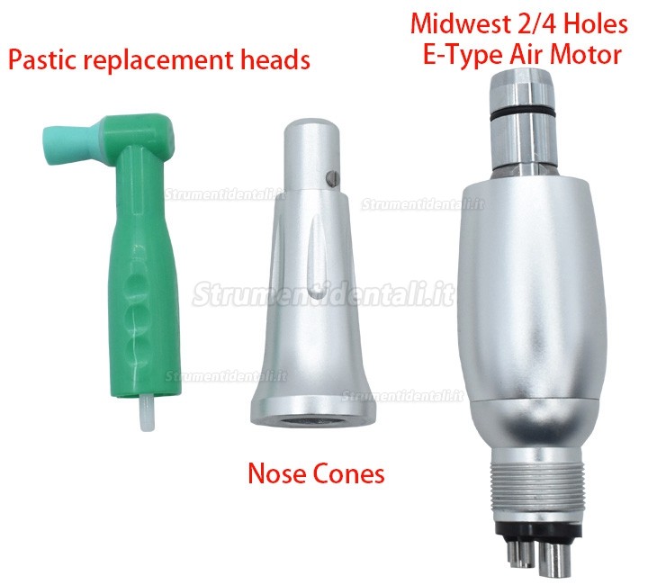 Contrangoli per profilassi dentale 4:1 (3 coni nasali + kit motore pneumatico tipo E Midwest 2/4 fori + 50 testine per profilassi)